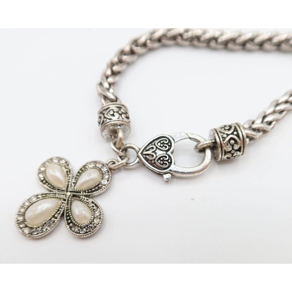 Byzantine Style Silver Tone Faux Pearl Rhinestone Cross Charm Chain Bracelet - Picture 3 of 7